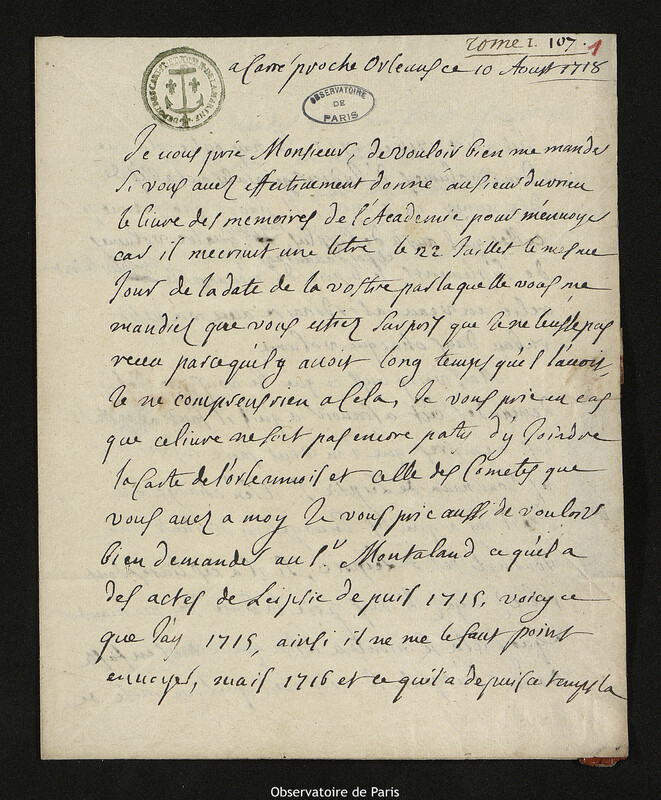 Lettre de Jacques d'Allonville de Louville à Joseph-Nicolas Delisle, Lieu-dit Le Clos du Petit Carré, 10 août 1718