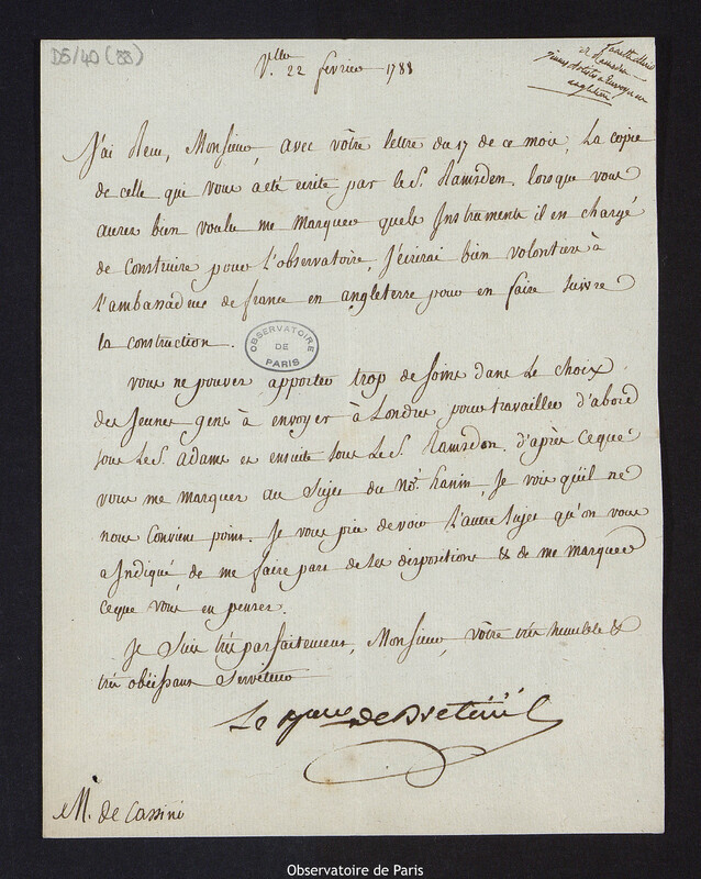 Lettre de Louis Le Tonnelier, baron de Breteuil, à Cassini IV, directeur de l'Observatoire, le 22 février 1788