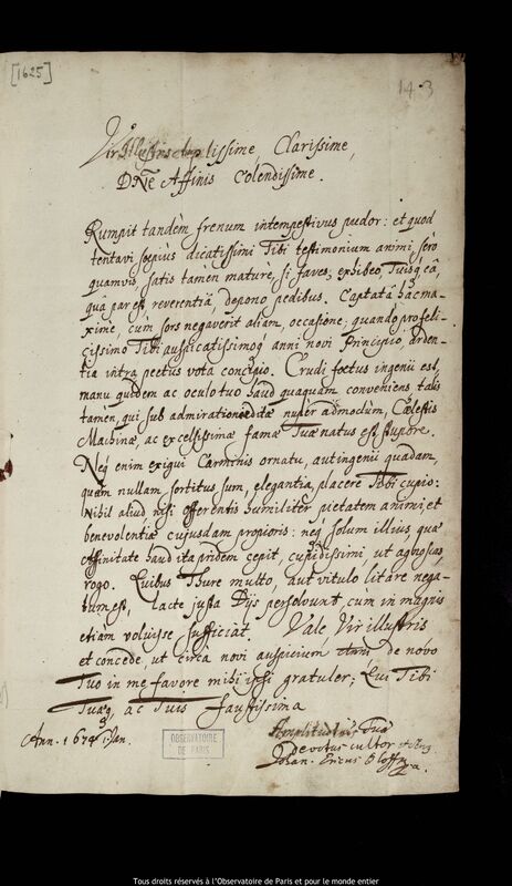 Lettre de Johann Erich Olhoff à Jan Heweliusz, Gdansk, 1er janvier 1674