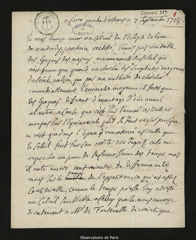 Lettre de Jacques d'Allonville de Louville à Joseph-Nicolas Delisle, Lieu-dit Le Clos du Petit Carré, 7 septembre 1718