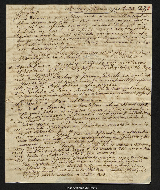 Lettre de Johann Friedrich Weidler à Joseph-Nicolas Delisle, Wittenberg, 20 avril 1750