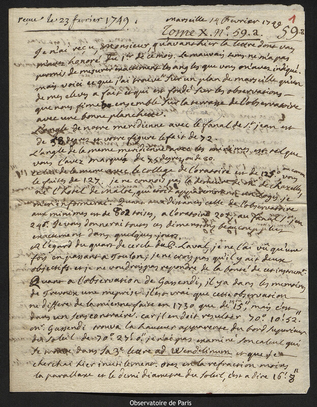 Lettre de Esprit Pezenas à Joseph-Nicolas Delisle, Marseille, 14 février 1749