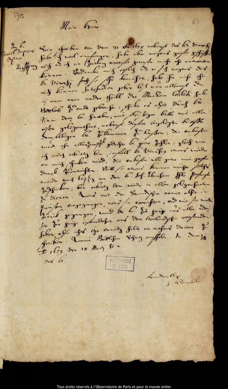 Lettre de Jan Heweliusz à Daniel Depiere, Gdansk, 18 mars 1679