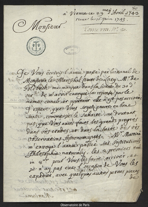 Lettre de Giovanni Giacomo Marinoni à Joseph-Nicolas Delisle, Vienne, 23 avril 1743