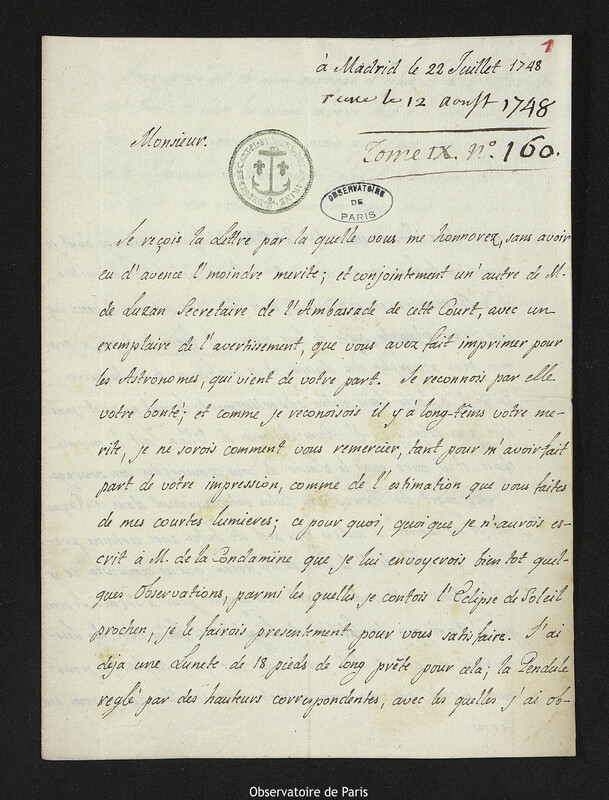 Lettre de Jorge Juan à Joseph-Nicolas Delisle, Madrid, 22 juillet 1748