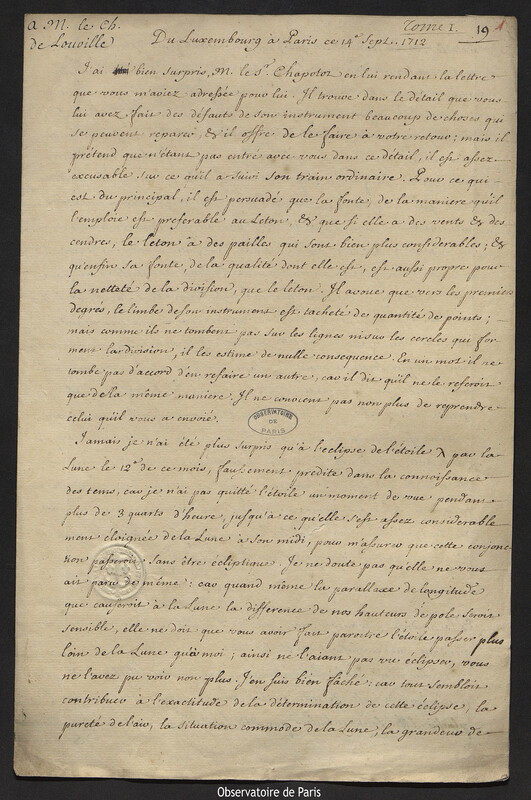 Lettre de Joseph-Nicolas Delisle à Jacques d'Allonville de Louville, Paris, 14 septembre 1712