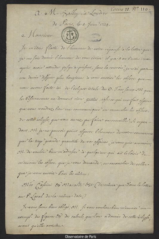 Lettre de Joseph-Nicolas Delisle à Edmund Halley, Paris, 5 juin 1724