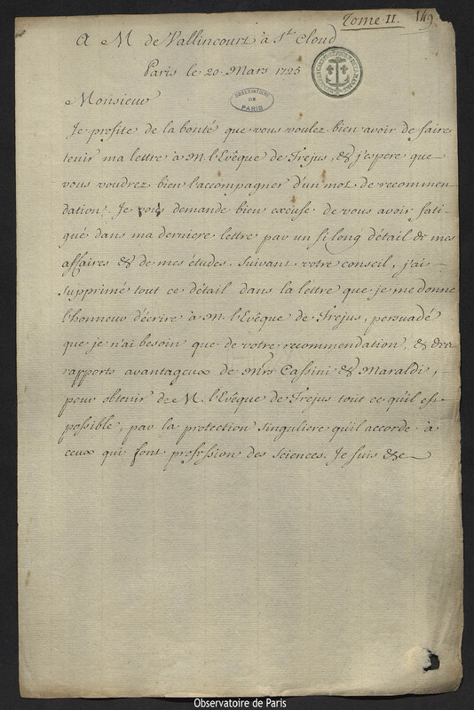 Lettre de Joseph-Nicolas Delisle à Jean-Baptiste-Henri du Trousset de Valincour,Paris, 20 mars 1725