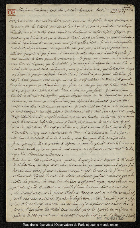 Lettre du baron Franz Xaver von Zach à Joseph Jérôme Le françois de Lalande [Gotha], août et décembre 1796