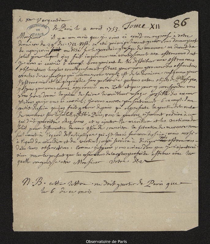 Lettre de Joseph-Nicolas Delisle à Pehr Wilhelm Wargentin, Paris, 2 avril 1753