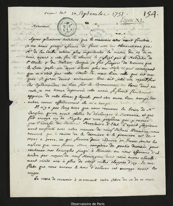 Lettre de Christopher Maire à Joseph-Nicolas Delisle, Rome, 25 août 1751