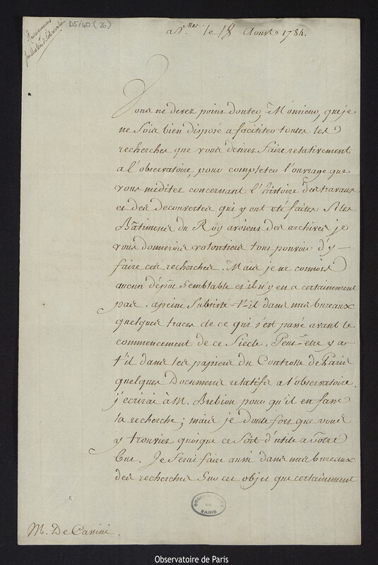 Lettre de Charles de la Billarderie, comte d'Angiviller, à Cassini IV, à Versailles le 18 août 1784