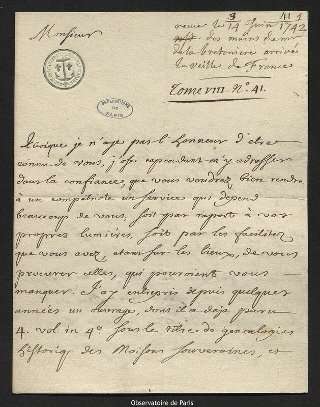 Lettre de Chazot à Joseph-Nicolas Delisle, Paris, septembre 1741