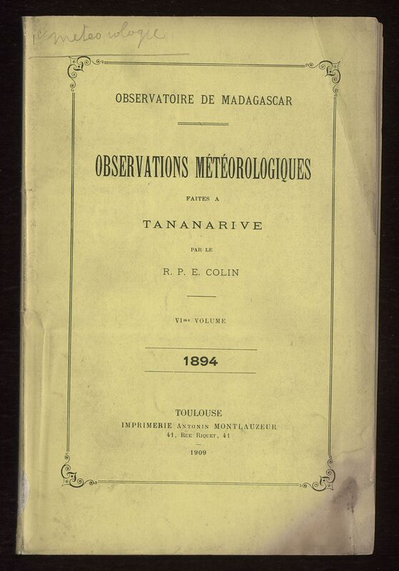 (1909_6) Observations météorologiques faites à Tananarive