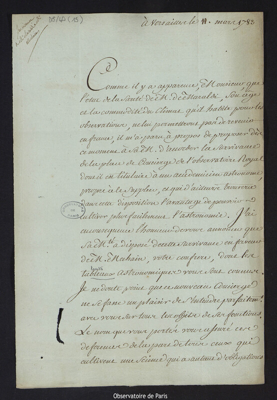 Lettre de Charles de la Billarderie, comte d'Angiviller, à Cassini IV, à Versailles le 11 mars 1783