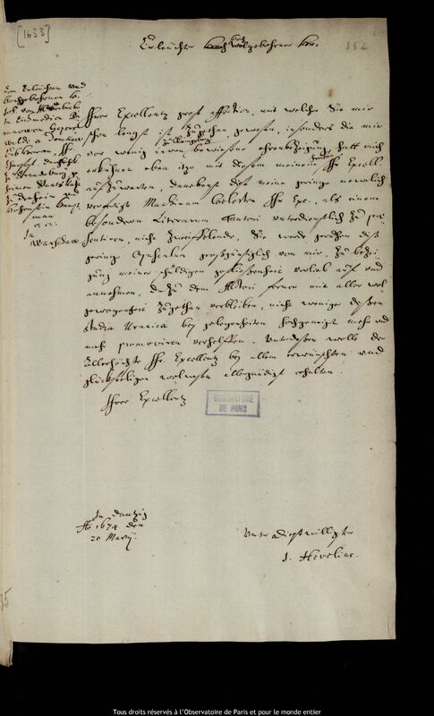 Lettre de Jan Heweliusz à Johann von Hoverbeck, Gdansk, 20 mars 1674