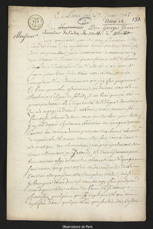 Lettre de Joseph-Nicolas Delisle à Jorge Juan, Paris, 27 juin 1748