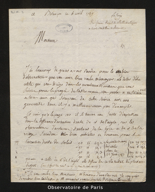 Lettre de Lacroix, Besançon le 5 avril 1789