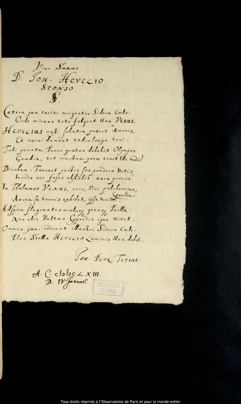 Lettre de Johann Peter Titz à Jan Heweliusz, Gdansk, 4 janvier 1663