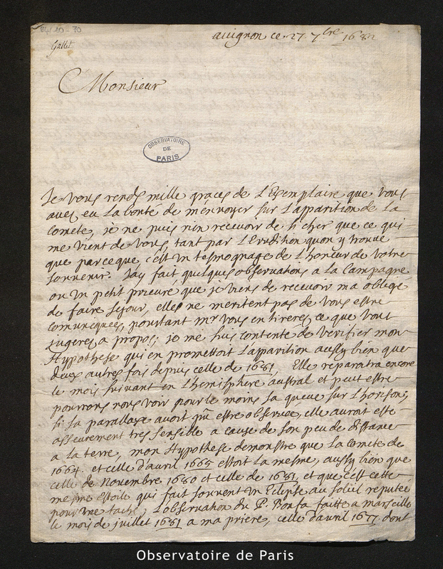 Lettre de Gallet à Cassini I, Avignon le 27 septembre 1682