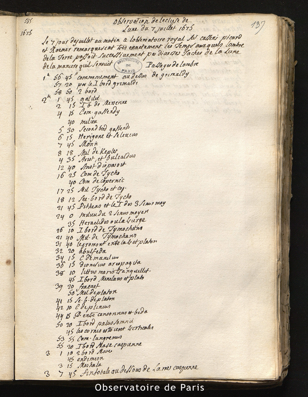 CASSINI I, PICARD et ROEMER. Observations de l'éclipse de Lune du 7 juillet 1675