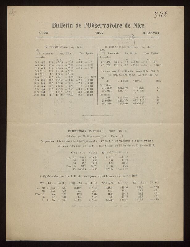 (1927) Bulletin de l'Observatoire de Nice