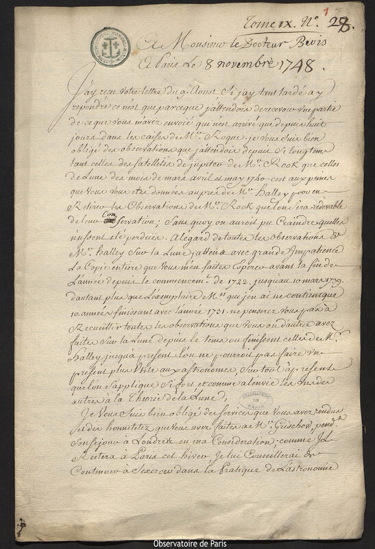 Lettre de Joseph-Nicolas Delisle à Jean Bevis, Paris, 8 novembre 1748