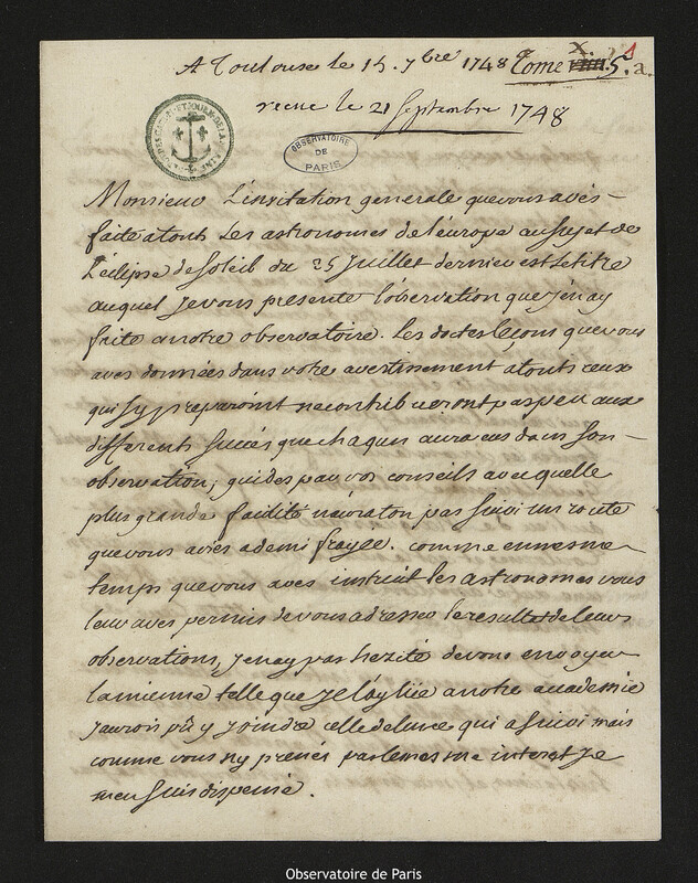 Lettre de Augustin Darquier de Pellepoix à Joseph-Nicolas Delisle, Toulouse, 15 septembre 1748