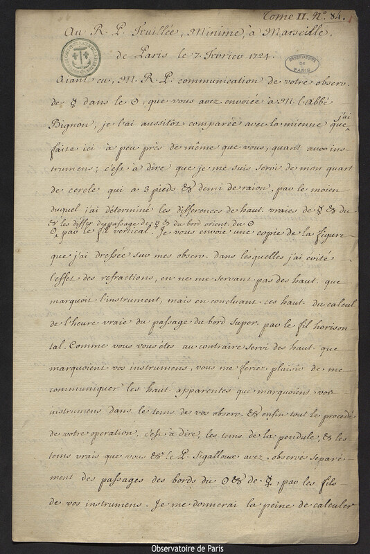 Lettre de Joseph-Nicolas Delisle à Louis Feuillée, Paris, 7 février 1724