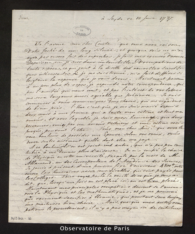 Lettre de C. H. Damen à Cassini IV, Leyden le 10 juin 1787