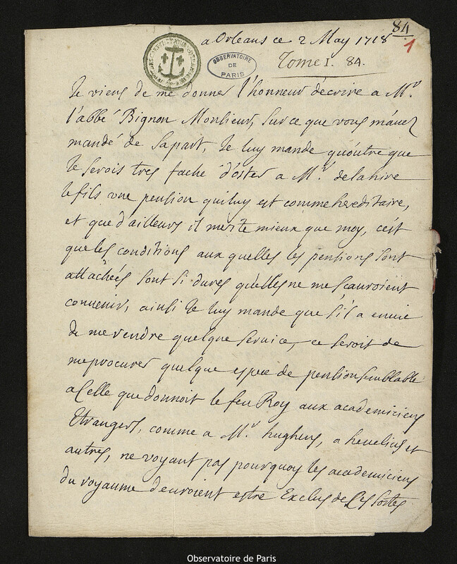 Lettre de Jacques d'Allonville de Louville à Joseph-Nicolas Delisle, Orléans, 2 mai 1718