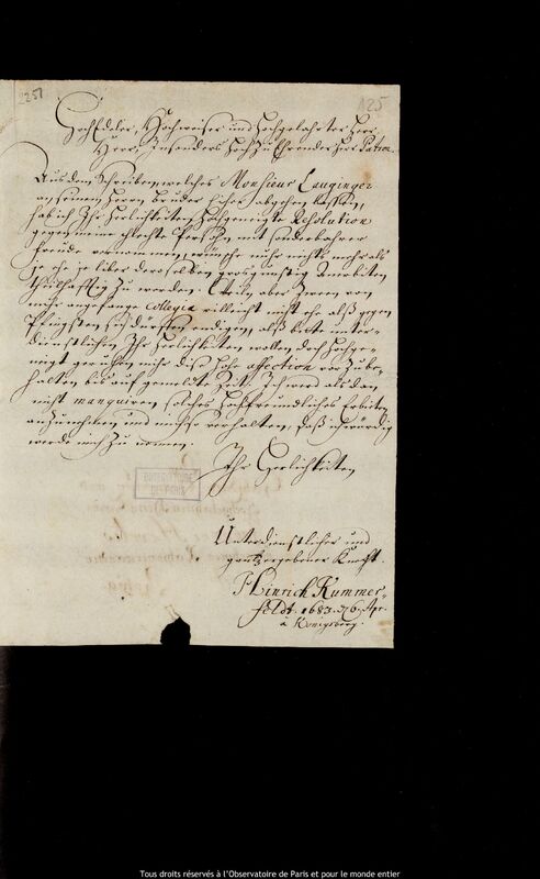 Lettre de Heinrich Kummerfeld à Jan Heweliusz, Kaliningrad, 6 avril 1683