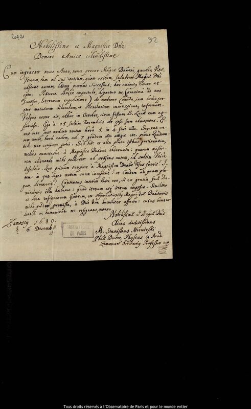 Lettre de Stanislaw Niewieski à Jan Heweliusz, Zamosc, 6 décembre 1680