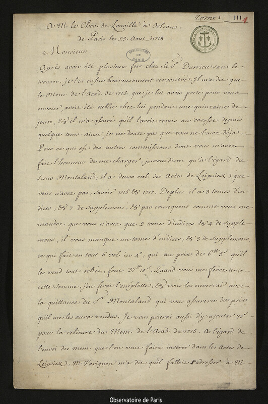 Lettre de Joseph-Nicolas Delisle à Jacques d'Allonville de Louville, Paris, 23 août 1718