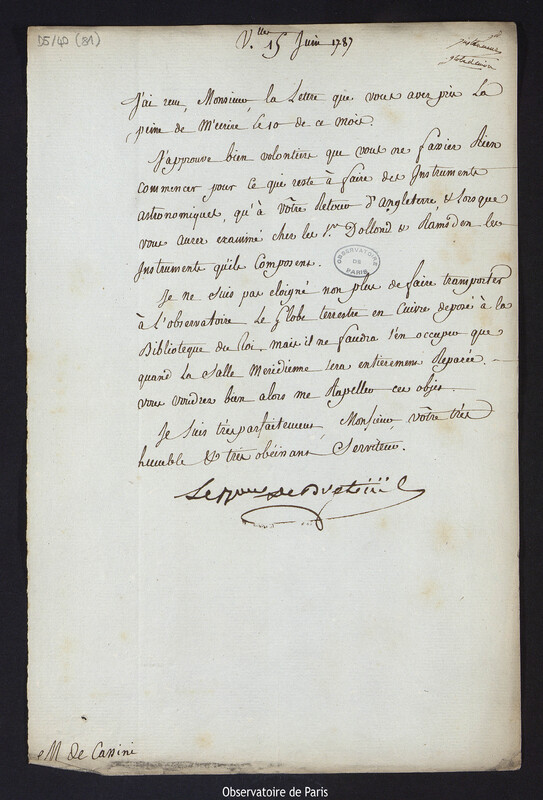 Lettre de Louis Le Tonnelier, baron de Breteuil, à Cassini IV, directeur de l'Observatoire, le 15 juin 1787