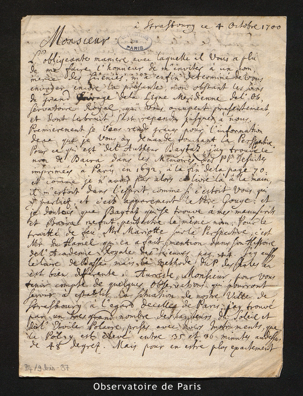 Lettre de Eisenschmidt à La Hire, Strasbourg le 4 octobre 1700