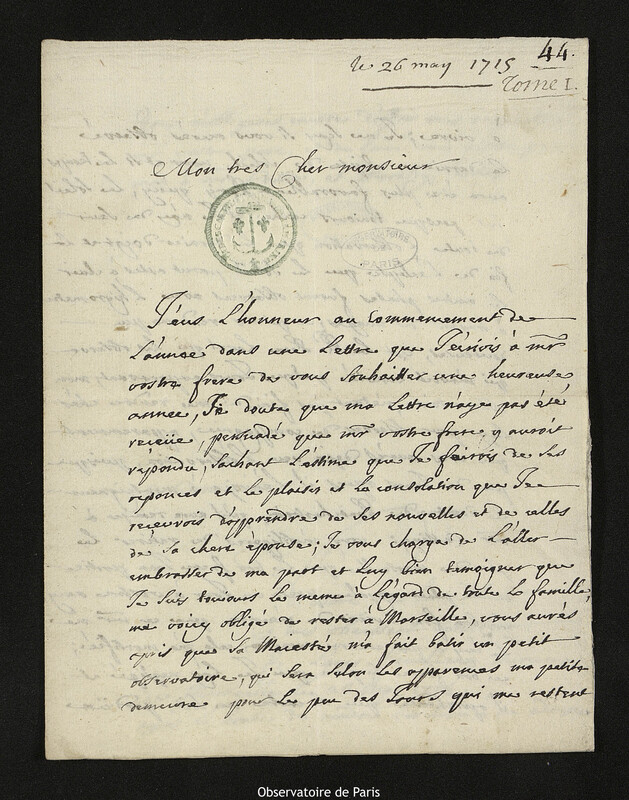 Lettre de Louis Feuillée à Joseph-Nicolas Delisle, Marseille, 26 mai 1715