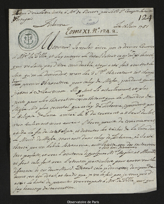 Lettre d'Emmanuel de Campos à José Joaquim Soares de Barros e Vasconcellos, Lisbonne, 18 juin 1751