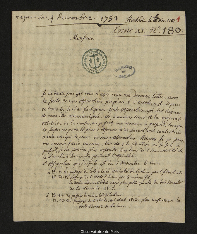 Lettre de Pehr Wilhelm Wargentin à Joseph-Nicolas Delisle, Stockholm, 16 novembre 1751