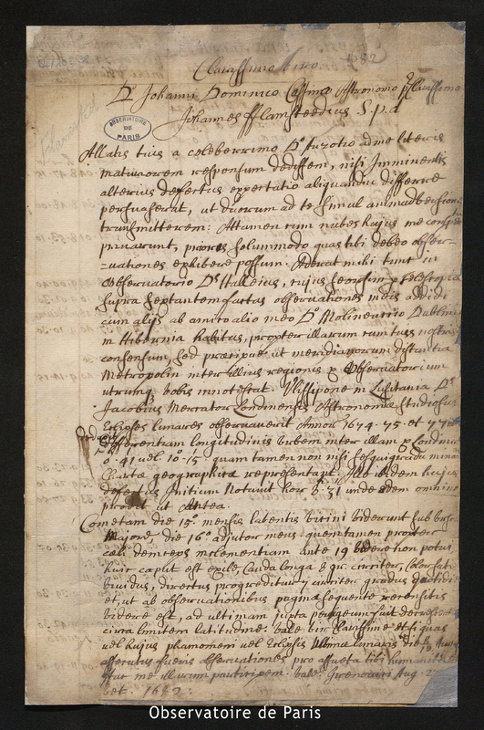 Lettre de Flamsteed à Cassini I, Gronovici le 23 août 1682