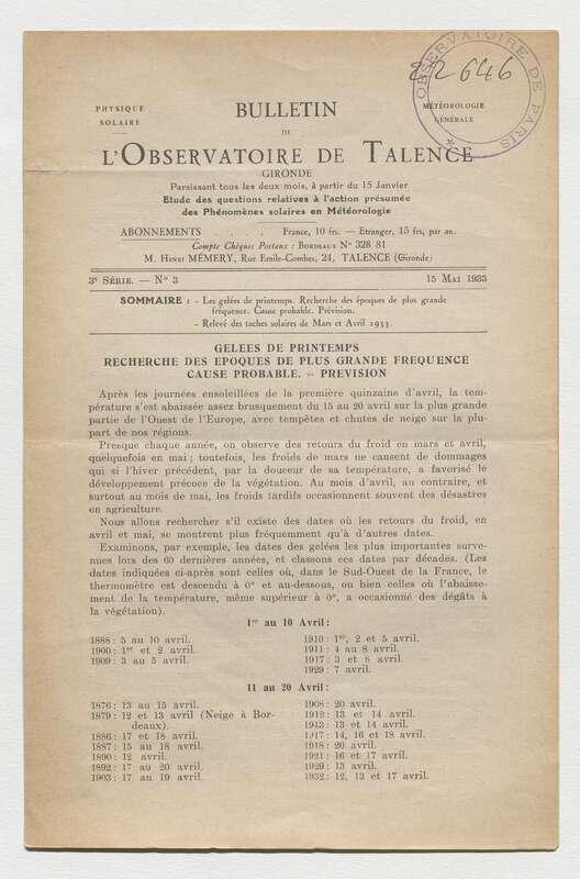 (1933) Bulletin de l'Observatoire de Talence, 3e série