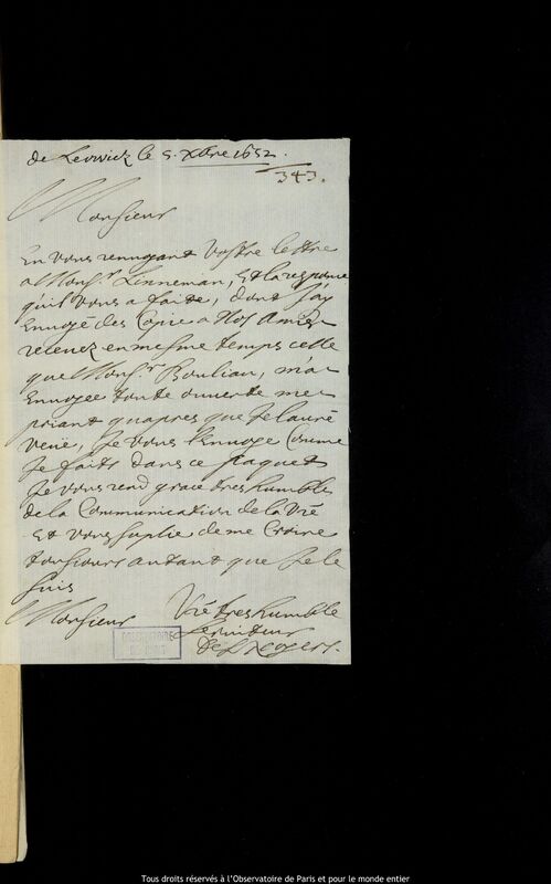 Lettre de Pierre Des Noyers à Jan Heweliusz, Lowicz, 5 décembre 1652