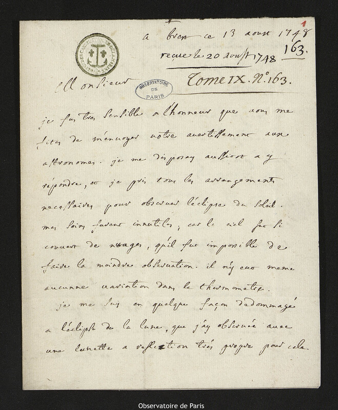 Lettre de Père La Roche, professeur d'hydrographie à Joseph-Nicolas Delisle, Brest, 13 août 1748