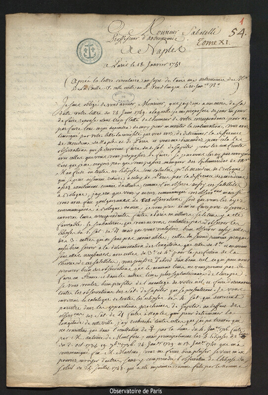 Lettre de Joseph-Nicolas Delisle à Felice Sabatelli, Paris, 18 janvier 1751