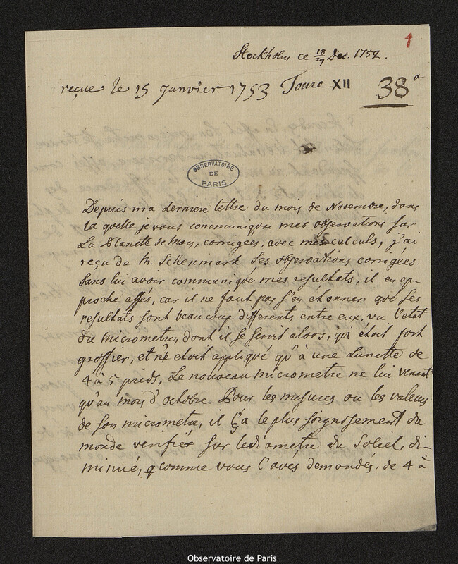 Lettre de Pehr Wilhelm Wargentin à Joseph-Nicolas Delisle, Stockholm, 29 décembre 1752