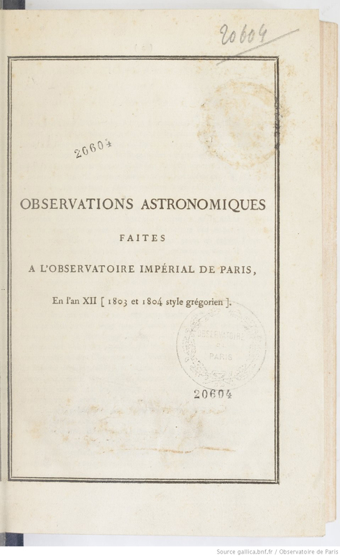 (1806-1846) Observations astronomiques faites à l'Observatoire impérial de Paris