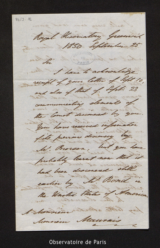 Lettre d'Airy à Mauvais, Greenwich en 1850