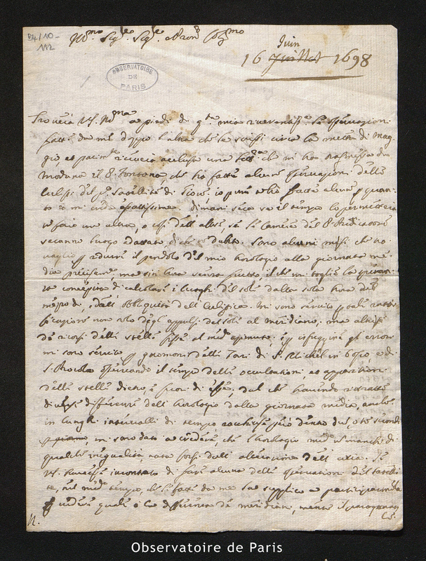 Lettre de Guglielmini à [Cassini I], Bologne le 16 juin 1698