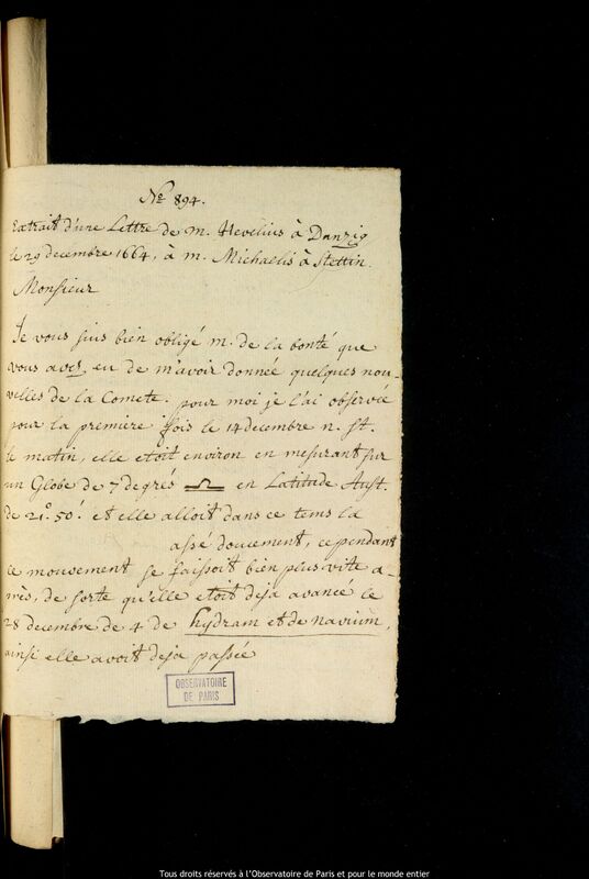 Texte manuscrit de Jan Heweliusz à Ulrich Clemens Michaelis, Gdansk, 29 décembre 1664