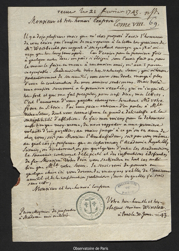 Lettre de Jakob Benignus Winslow à Joseph-Nicolas Delisle, Paris, 30 janvier 1743